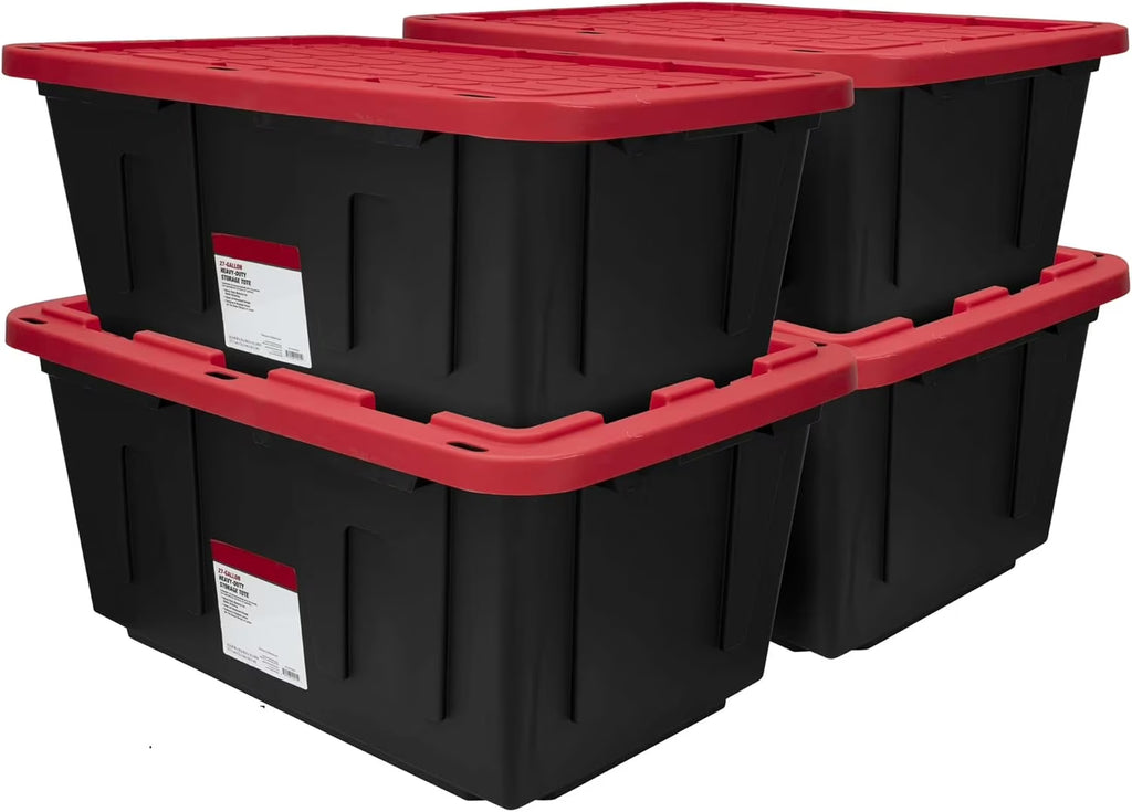 4 Pack 27 Gallon Plastic Storage Container with Snap-On Lid Black and Red Durable Organizer Bin H8318