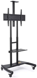 Black Aluminum Flat Screen TV Holder with Locking Wheels and Media Shelf X621
