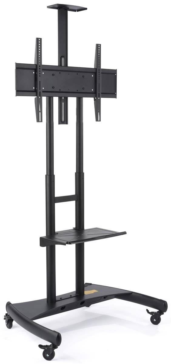 Black Aluminum Flat Screen TV Holder with Locking Wheels and Media Shelf X621