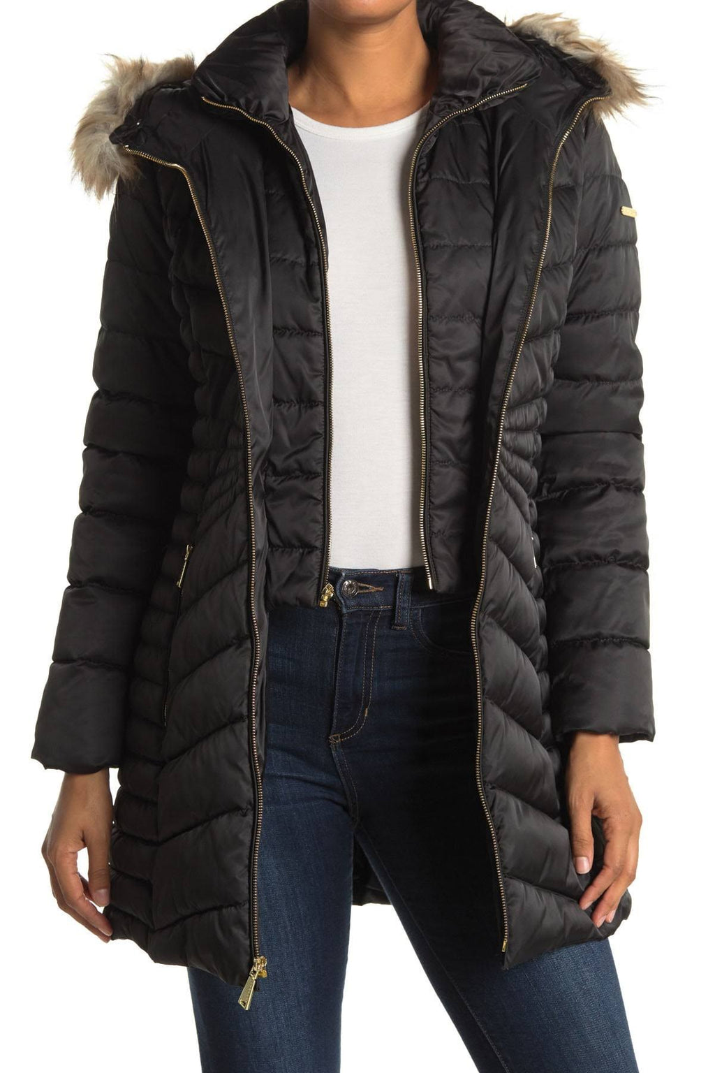 Black Faux-Fur-Trim Hooded Puffer Coat N623835