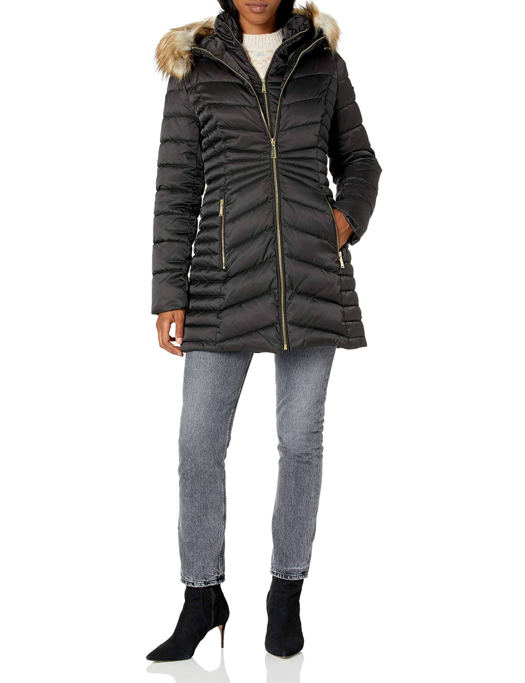 Black Faux-Fur-Trim Hooded Puffer Coat N623835