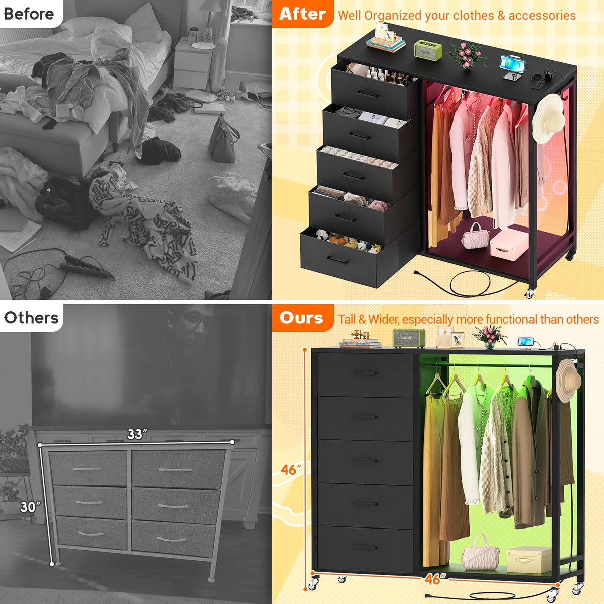 White 5 Drawer Dresser with Clothes Rack X631121