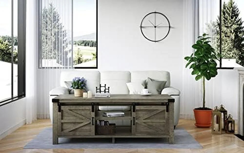 Farmhouse Coffee Table with Hidden Compartment and Cabinets Shelves D41757