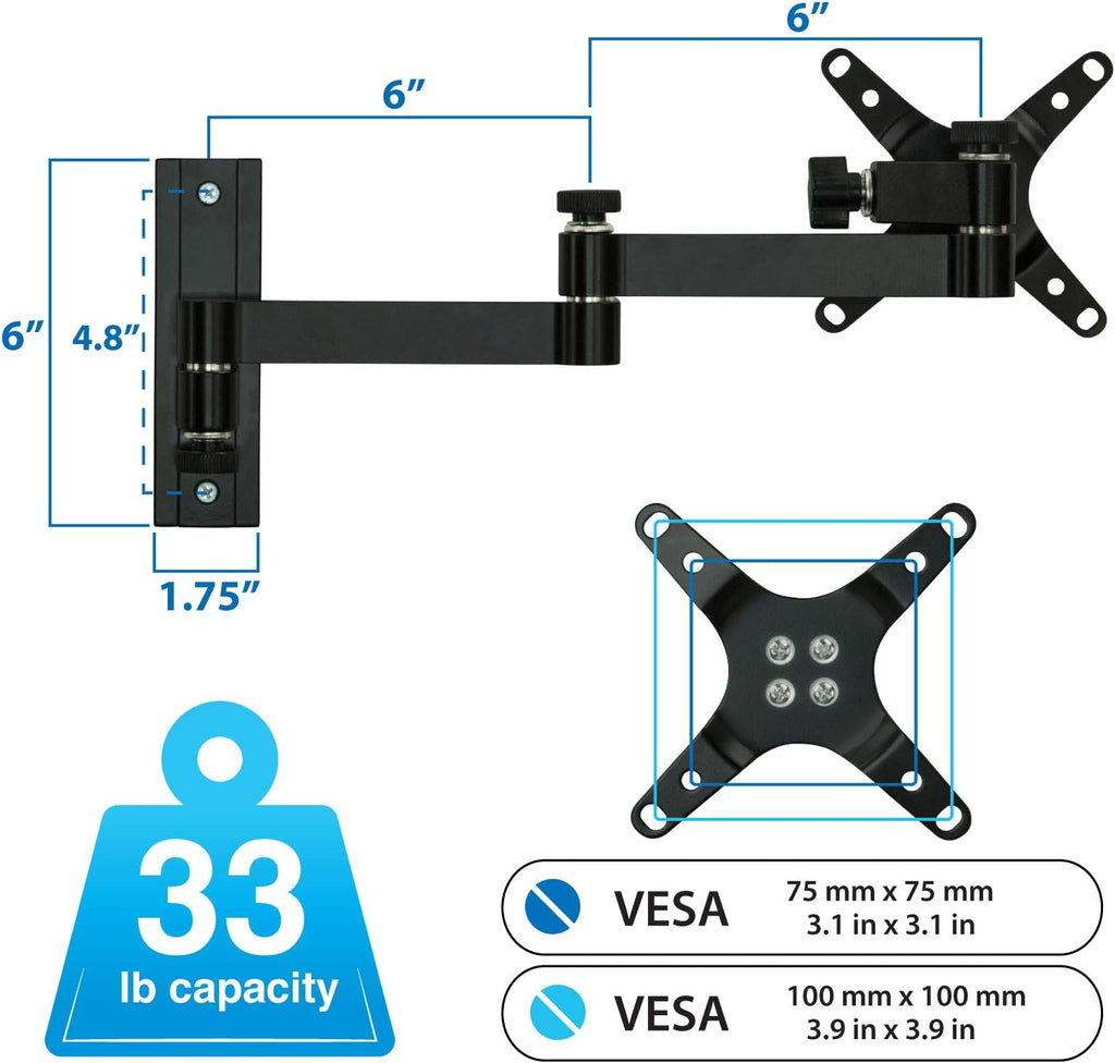 Full Motion Computer Monitor Wall Mount, Articulating Arm, VESA 75 and 100, 33 lb Capacity, Black, Pack of 2 V675