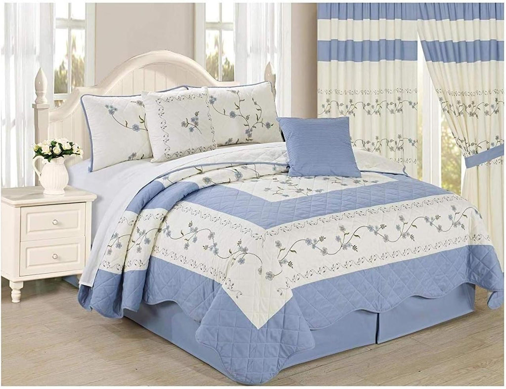 6pc Embroidered Floral Bedspread Quilt Set Queen Size Light Blue Z911
