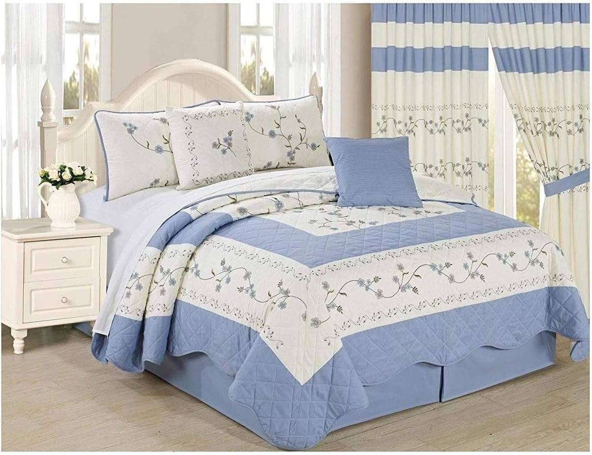 6pc Embroidered Floral Bedspread Quilt Set Queen Size Light Blue Z911
