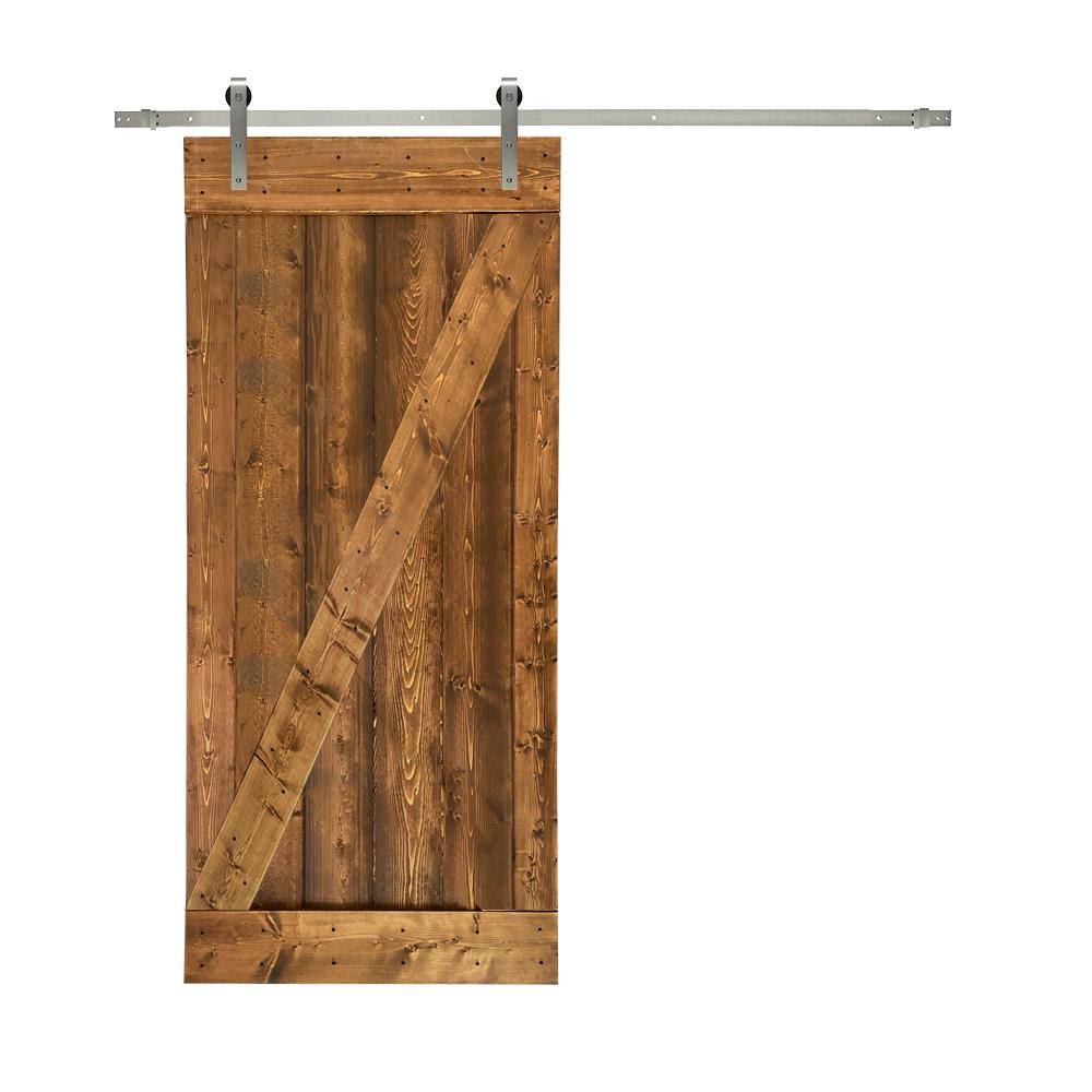 24 in. x 84 in. Brown Solid Knotty Pine Wood Interior Sliding Barn Door with Hardware Kit D5457