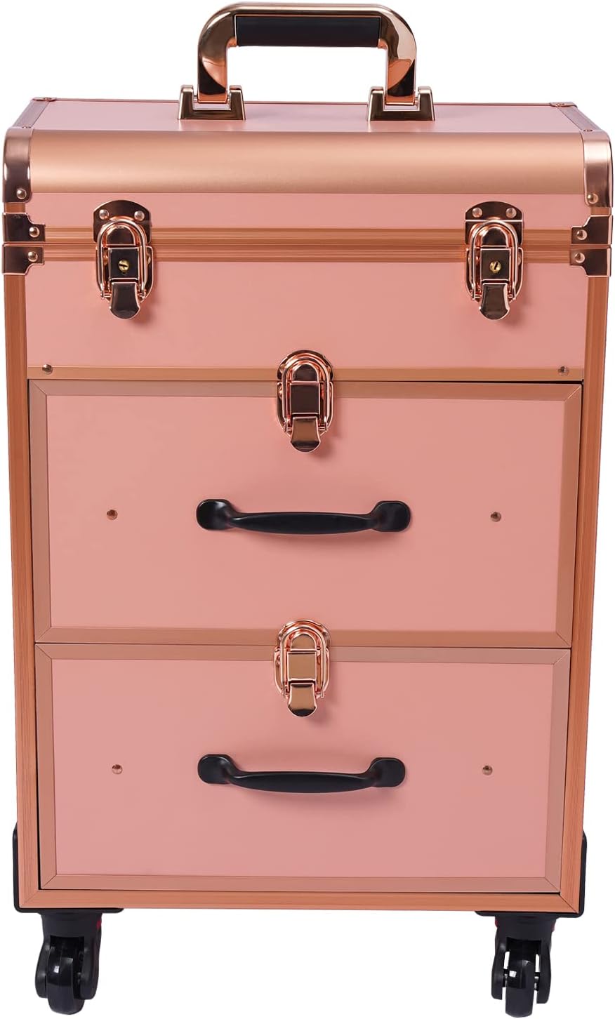 3 Layers Rolling Makeup Case with Reinforced Lock & Transparent Storage Bag Gold V747