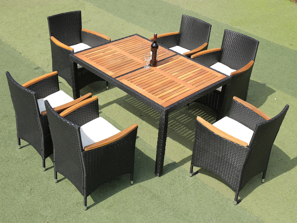 7 Piece Outdoor Patio Wicker Dining Set with Acacia Wood Top B7744