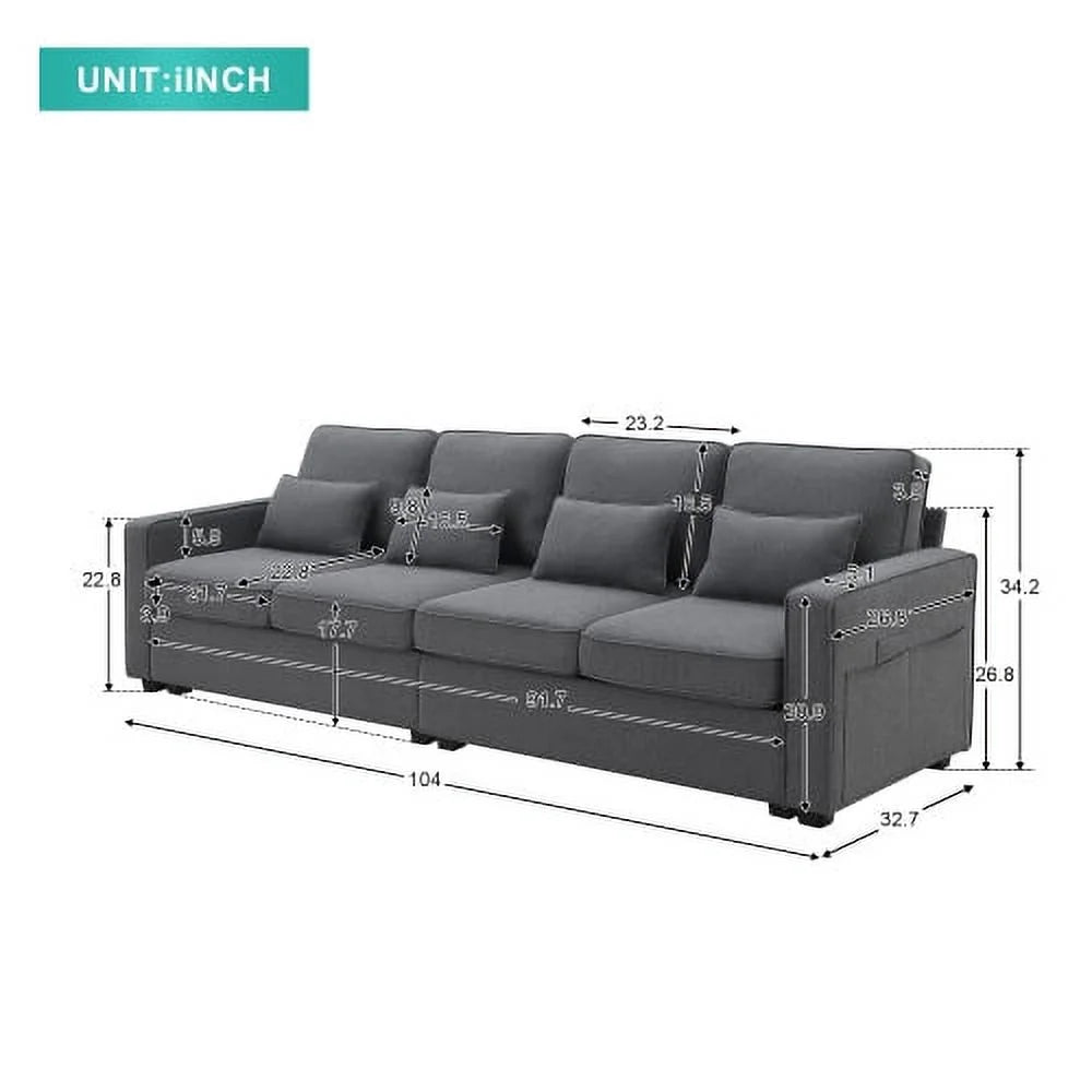 Linen Fabric Sofa with Armrest Pockets and 4 Pillows Y184114