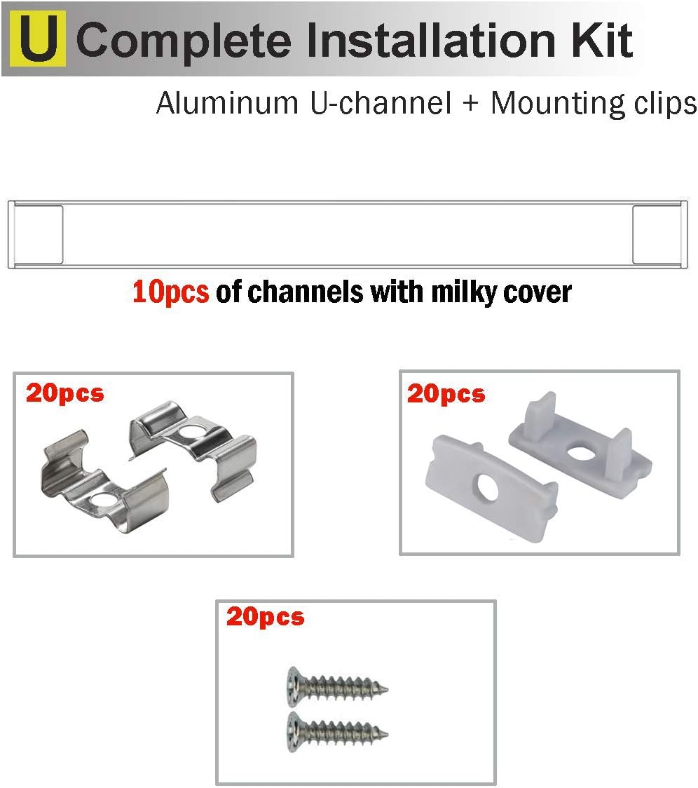 10-Pack 6.6ft U Shape LED Aluminum Channel System with Milky Cover, End Caps and Mounting Clips S758973