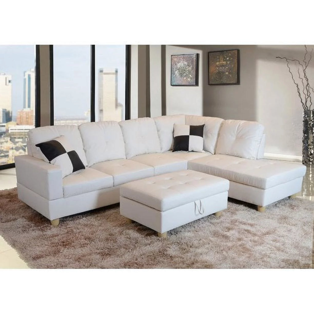 White Faux Leather Sectional with Ottoman Q849