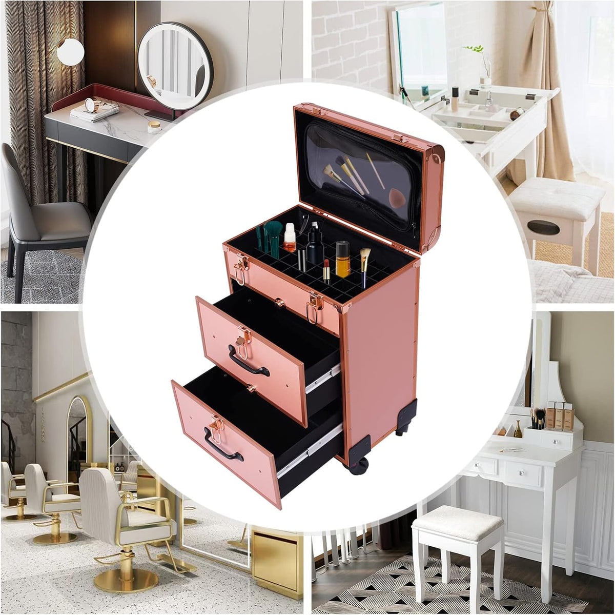3 Layers Rolling Makeup Case with Reinforced Lock & Transparent Storage Bag Gold V747