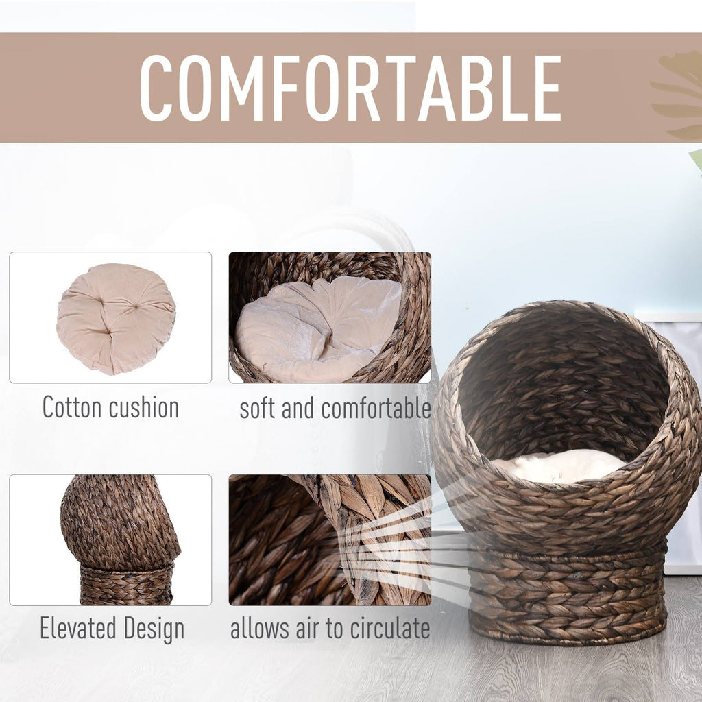 Hooded Rattan Wicker Elevated Cat House with Mat Y269