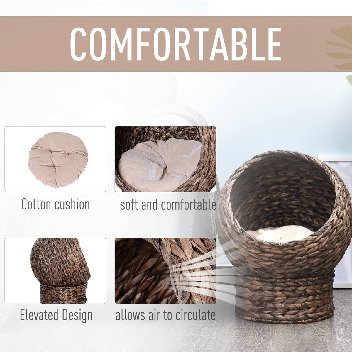Hooded Rattan Wicker Elevated Cat House with Mat Y269