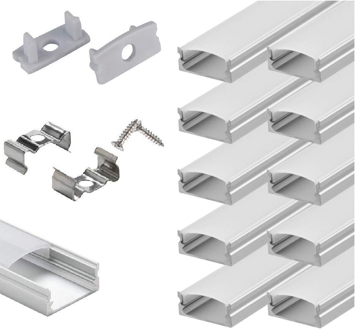 6x2m LED Strip Light Channel with Milky Cover Diffusers, End Caps and Mounting Clips B29603