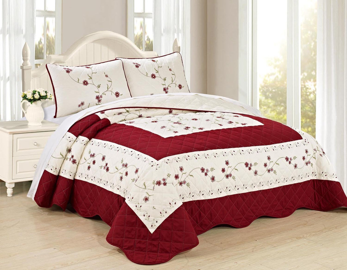 6pc Embroidered Floral Bedspread Quilt Set Queen Size Light Blue Z911