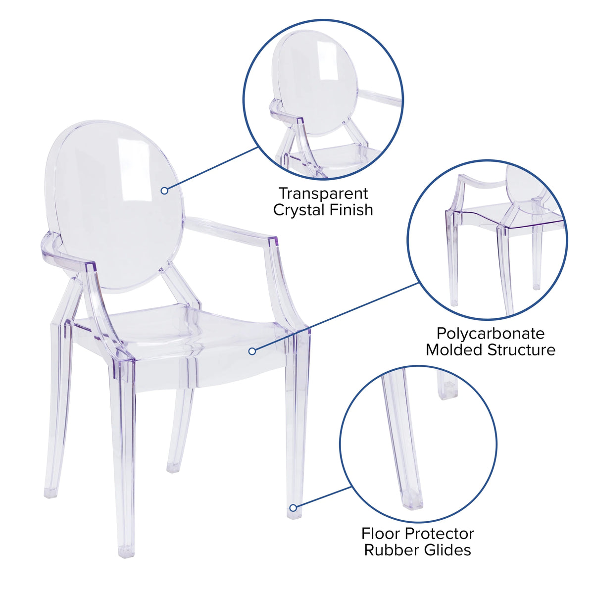 Transparent Crystal Oval Back Ghost Chair with Arms H216507