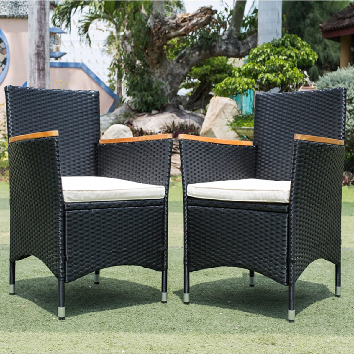 7 Piece Outdoor Patio Wicker Dining Set with Acacia Wood Top B7744