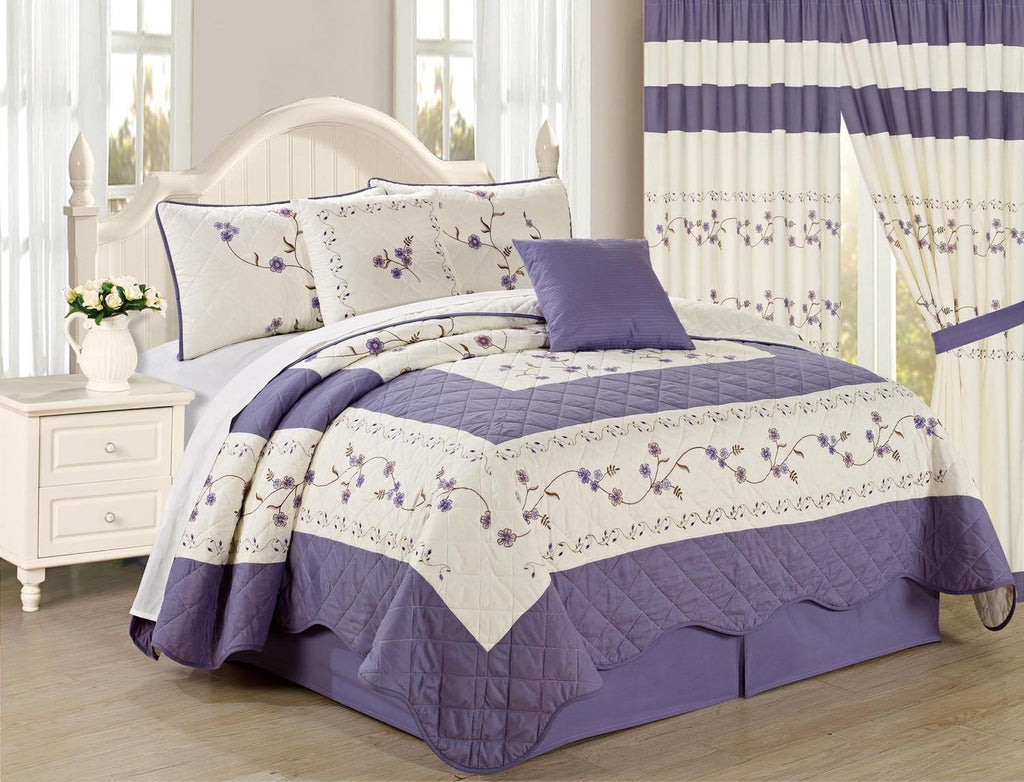 6pc Embroidered Floral Bedspread Quilt Set Queen Size Light Blue Z911