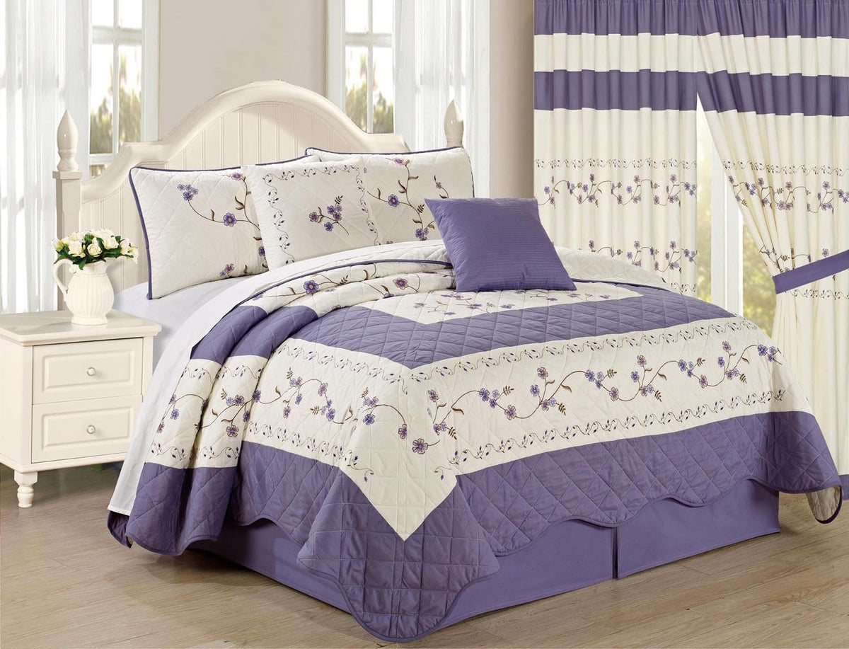 6pc Embroidered Floral Bedspread Quilt Set Queen Size Light Blue Z911