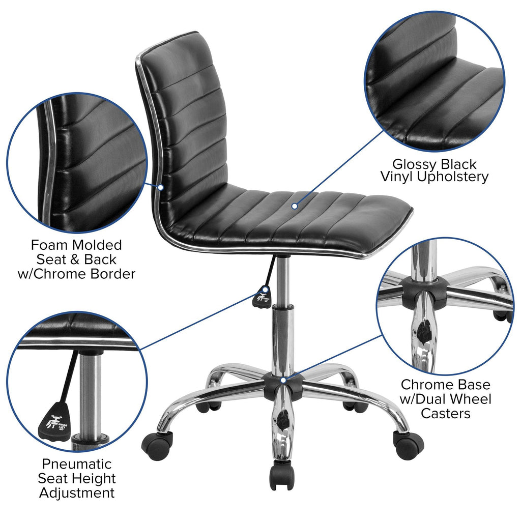 Black Ribbed Low Back Armless Swivel Office Chair P960