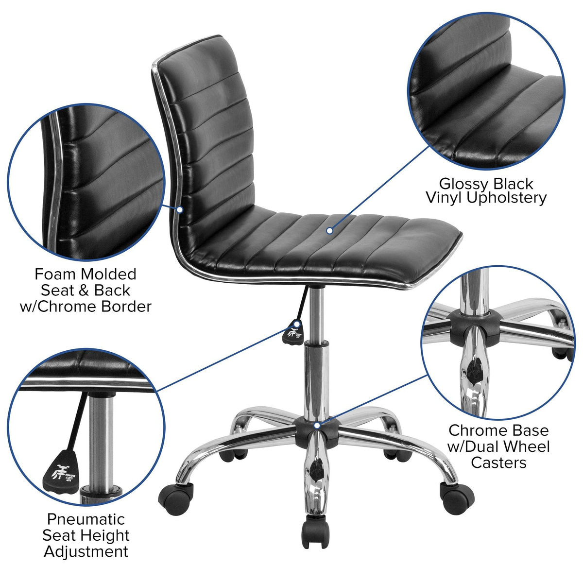 Black Ribbed Low Back Armless Swivel Office Chair P960