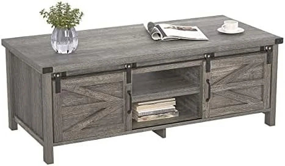 Farmhouse Coffee Table with Hidden Compartment and Cabinets Shelves D41757