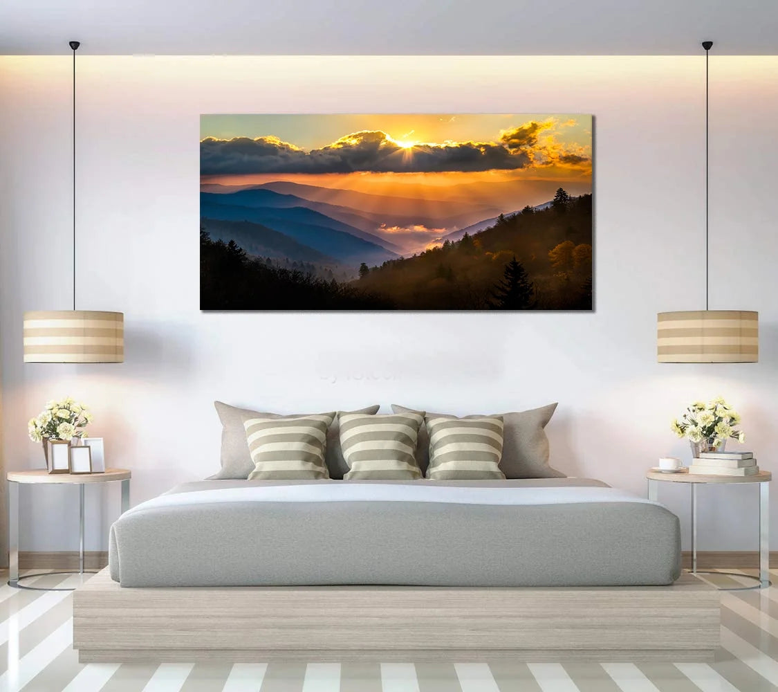 Sunrise Over Blue Ridge Mountains Scenic Painting Gallery Wrapped Canvas Art Q4699