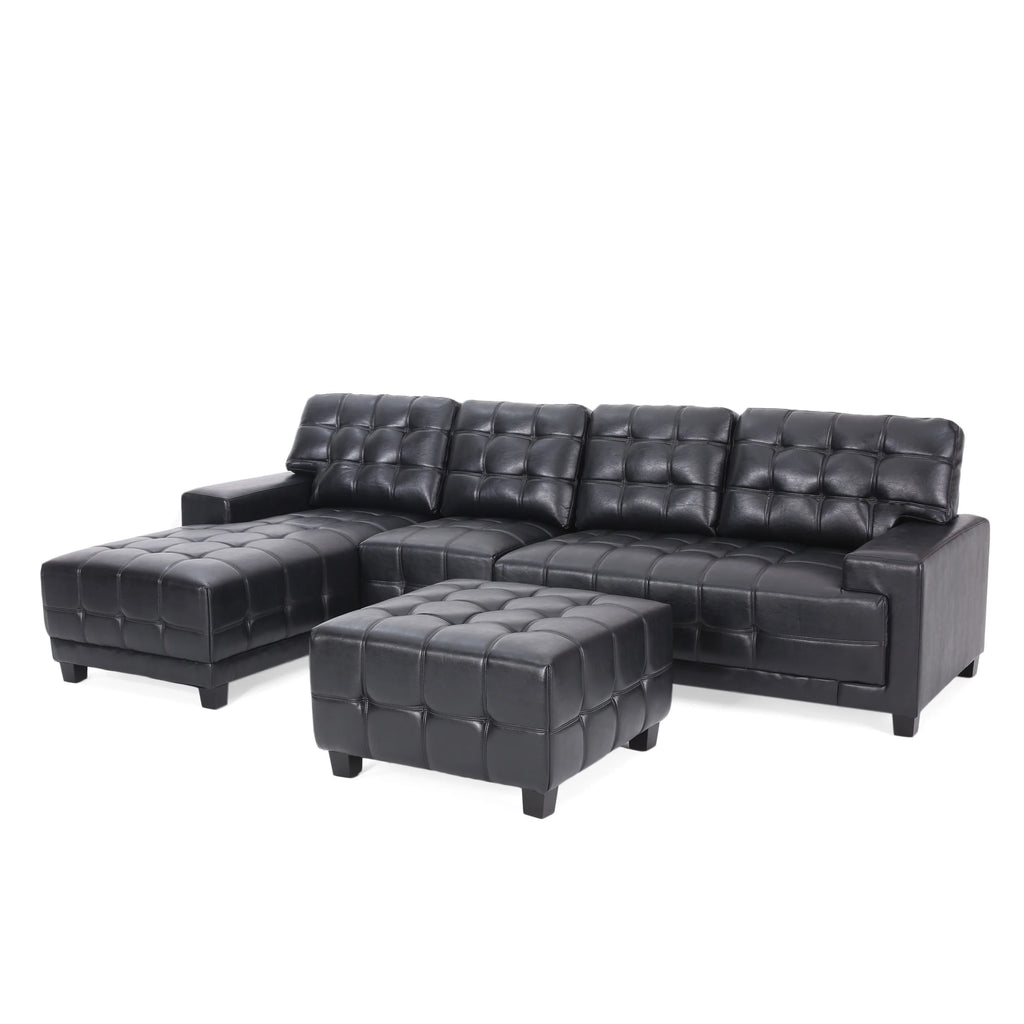 Faux Leather Tufted 4 Seater Sectional Sofa with Ottoman V324661