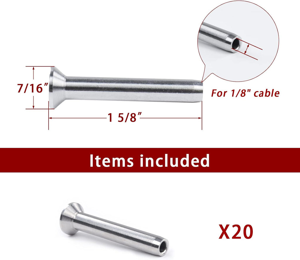 20Pack 1/8 Stemball Swage Dead End Invisible Cable Railing Kit Hardware Terminal Sunk Head T316 Stainless Steel O2961