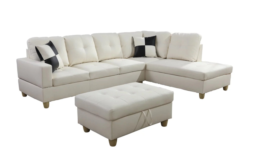 White Faux Leather Sectional with Ottoman Q849