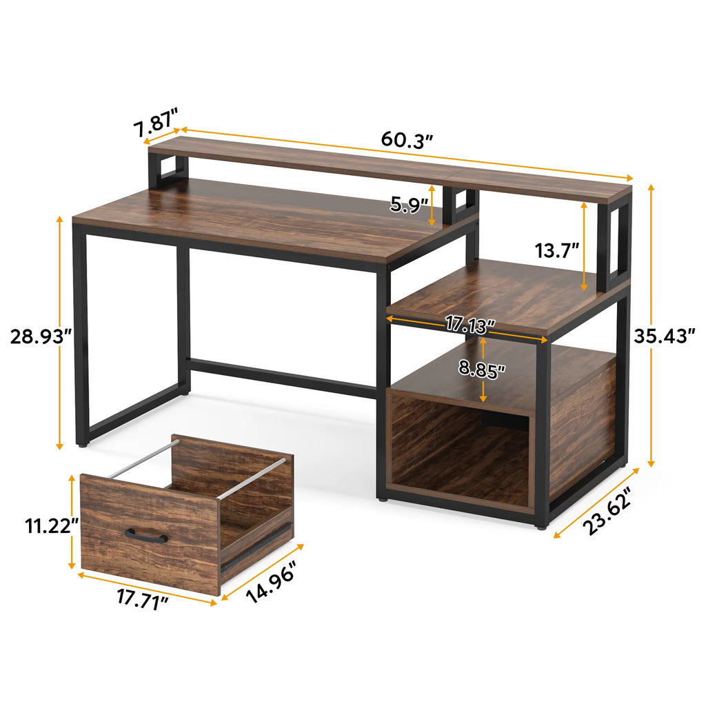 60 inch Computer Desk with File Drawer and Storage Shelves F41913