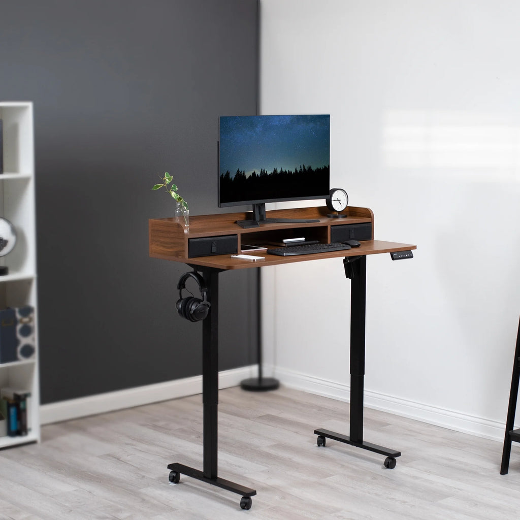Dark Walnut Black 2 Tier Electric Mobile Sit Stand Desk M678