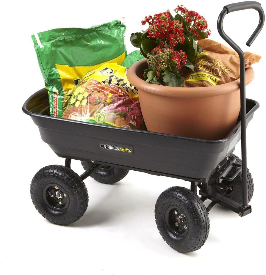 Black Poly Garden Dump Cart with Steel Frame and 10-Inch Pneumatic Tires, 600-Pound Capacity V98003