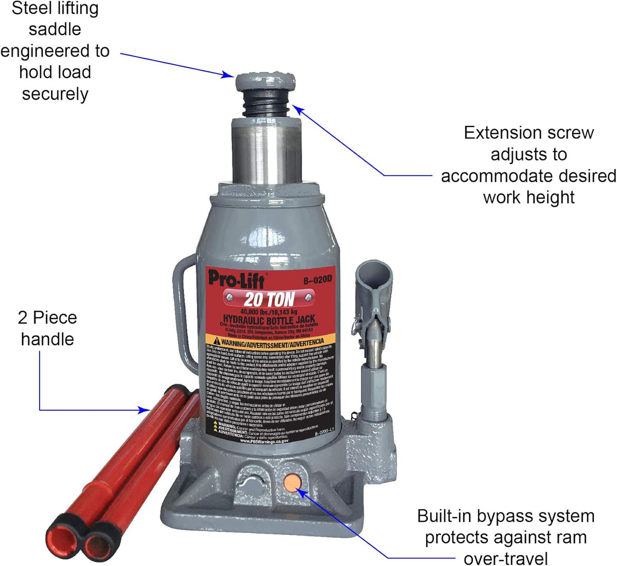 Grey Hydraulic Bottle Jack 20 Ton Capacity Pack of 2 C52557