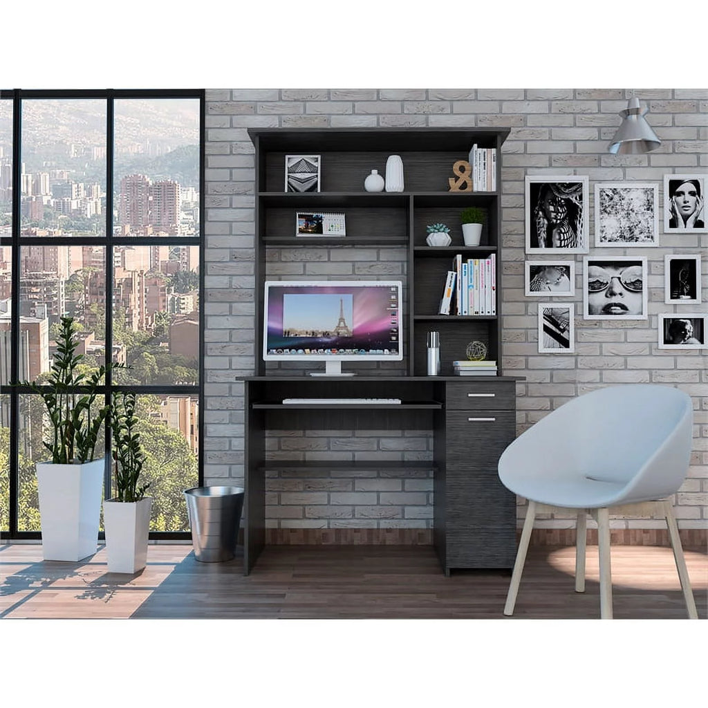 Modern Engineered Wood Desk With Hutch in Charcoal B504