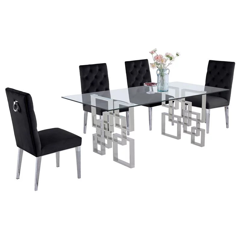 Clear Glass 5pc Dining Set with Stainless Steel Base N7223