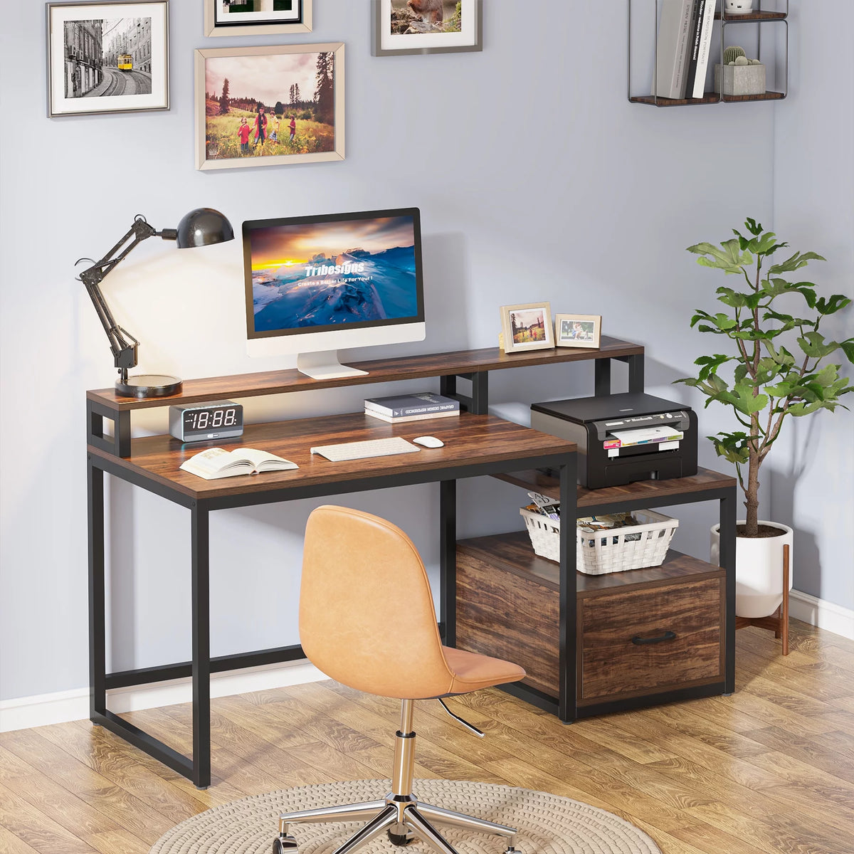 60 inch Computer Desk with File Drawer and Storage Shelves F41913
