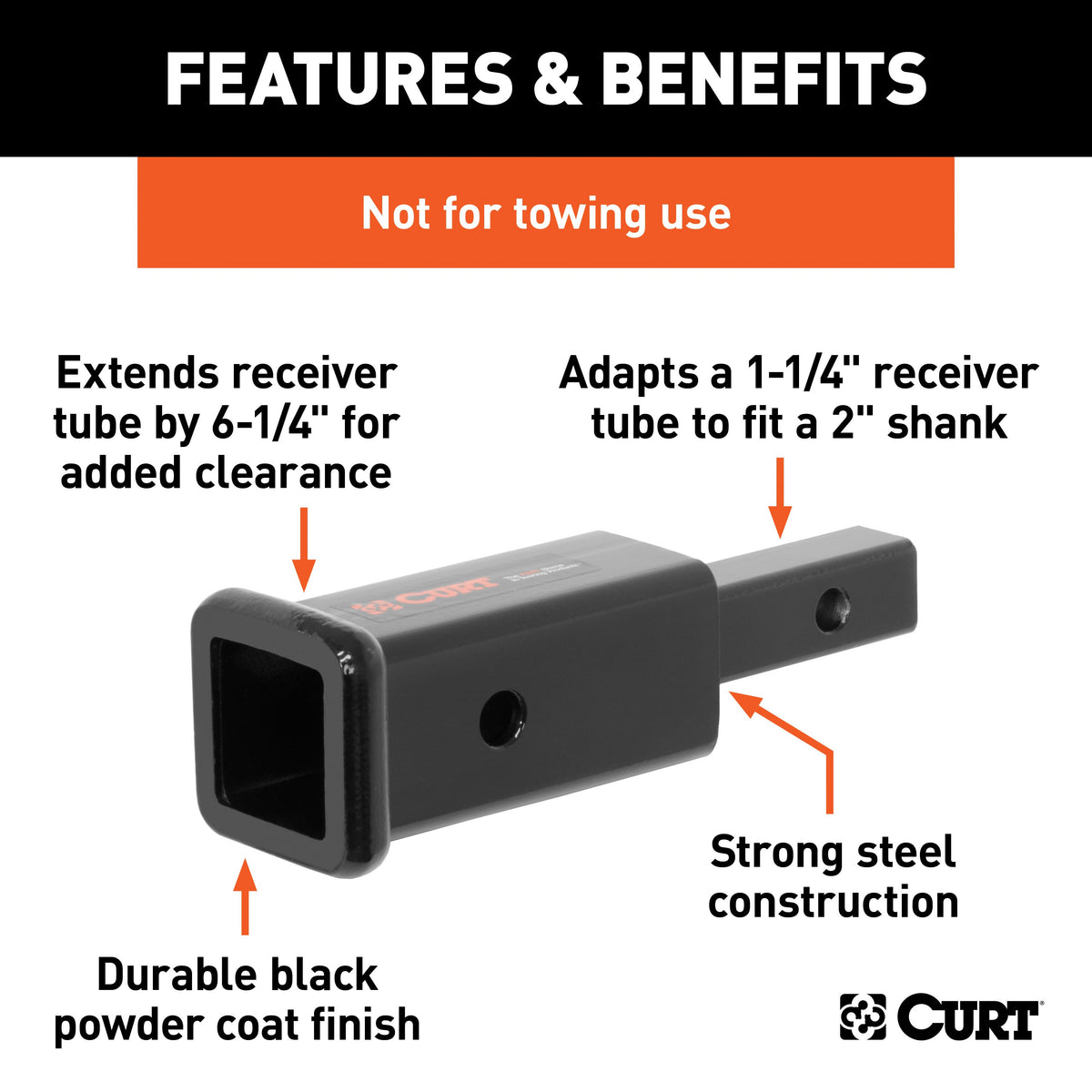 Trailer Hitch Receiver Adapter, 1-1/4 to 2-Inch, 6-1/4-In Extension, 350 lbs P4626