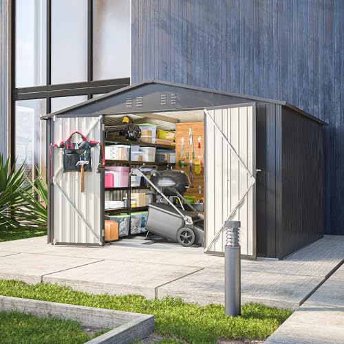 10X8 FT Metal Outdoor Storage Shed with Floor and Lockable Doors, Black I581