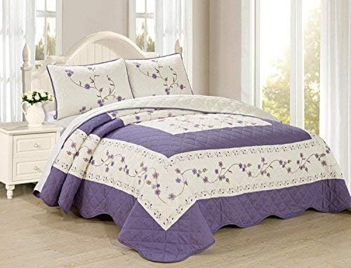 6pc Embroidered Floral Bedspread Quilt Set Queen Size Light Blue Z911