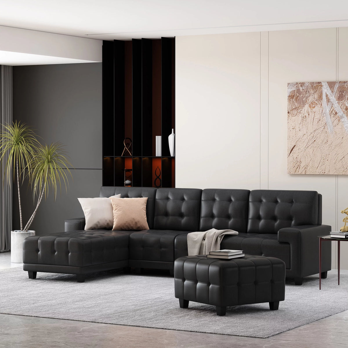 Faux Leather Tufted 4 Seater Sectional Sofa with Ottoman V324661