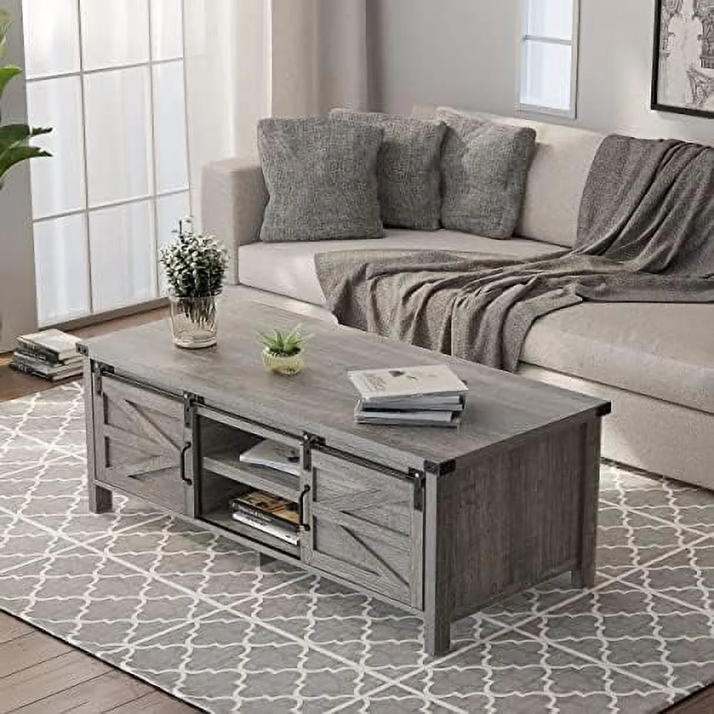 Farmhouse Coffee Table with Hidden Compartment and Cabinets Shelves D41757