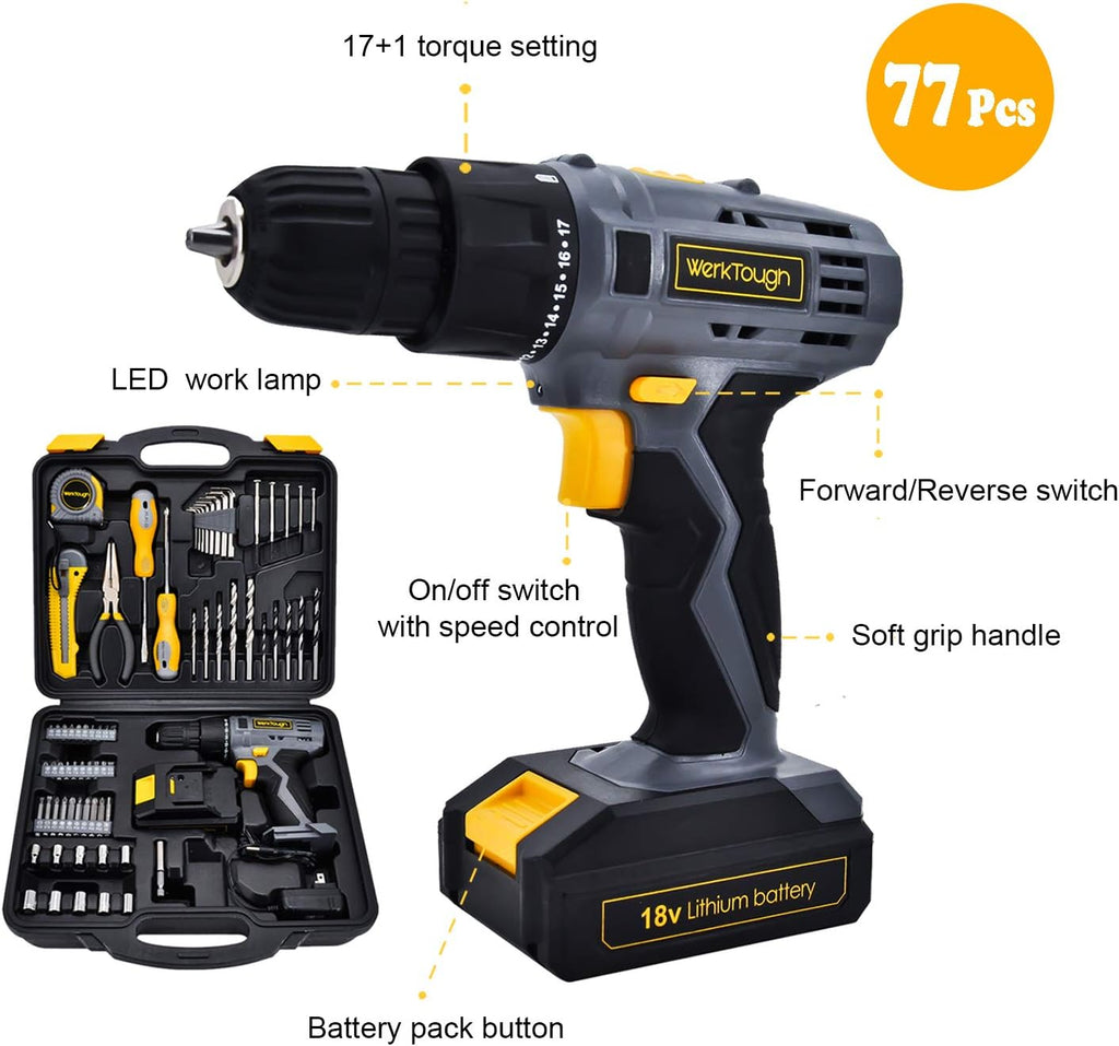 77PCS 18/20V Cordless Drill Screwdriver Tool Set in Toolbox Storage Case Q40363