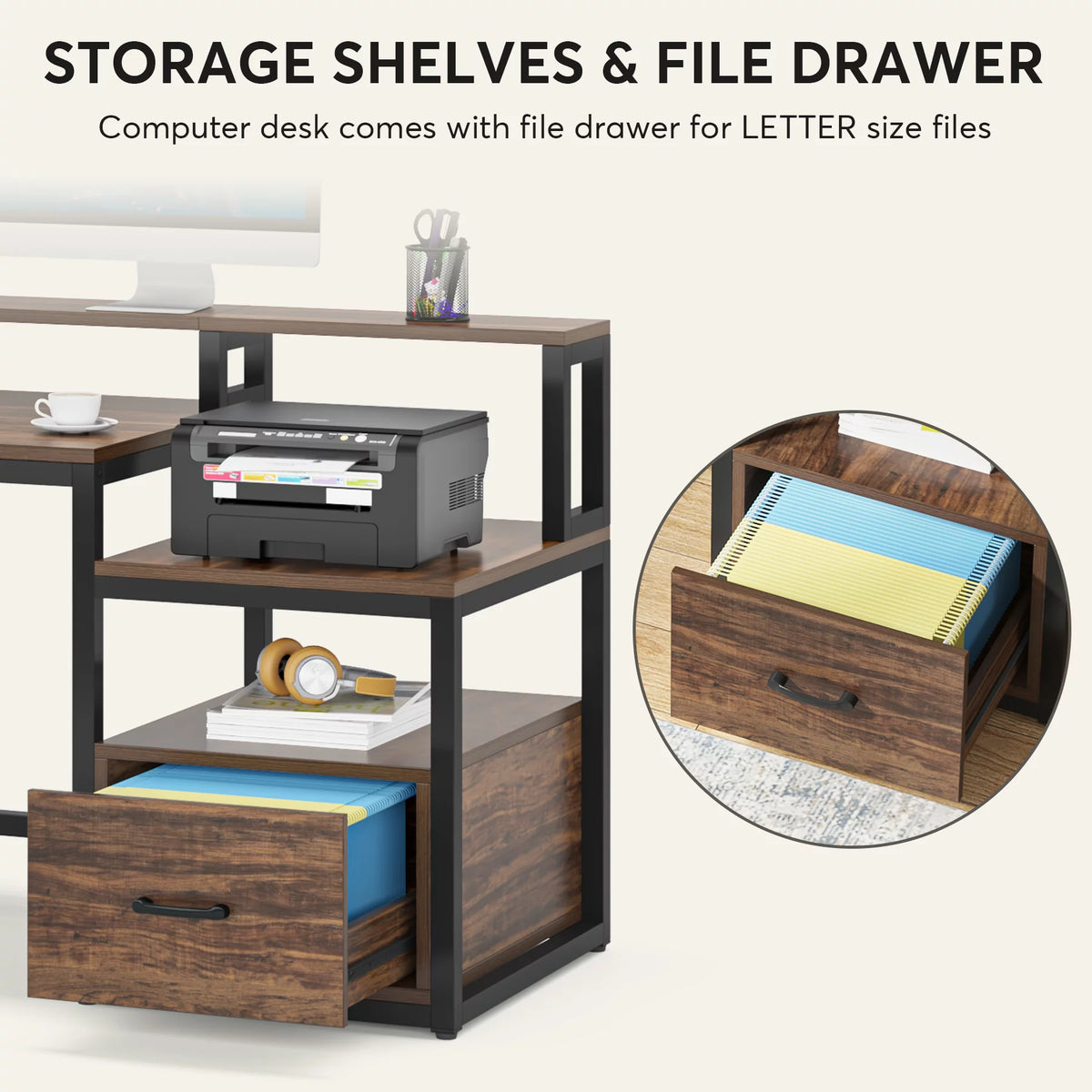 60 inch Computer Desk with File Drawer and Storage Shelves F41913