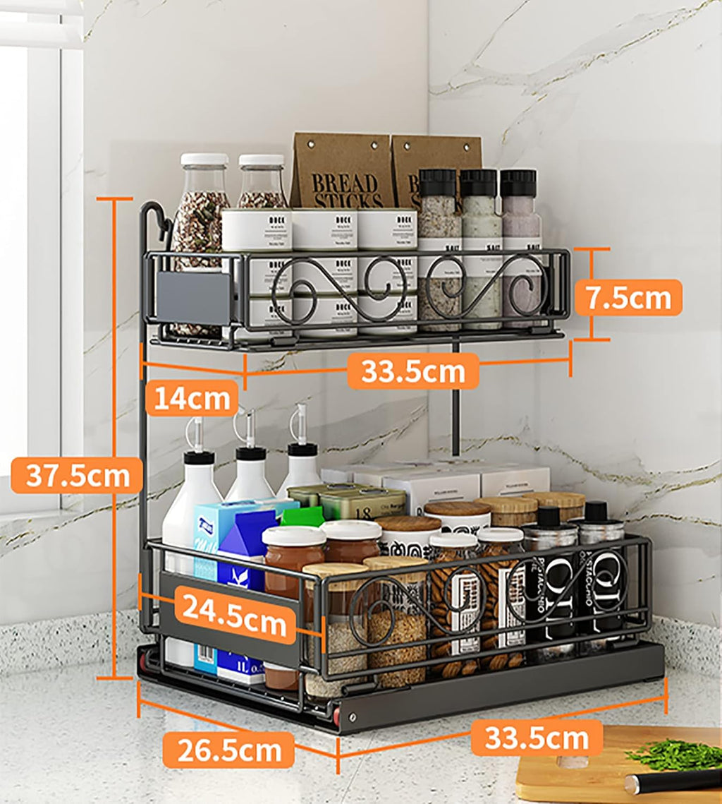 Black 2-Tier Under Sink Organizer with Sliding Drawer F73622
