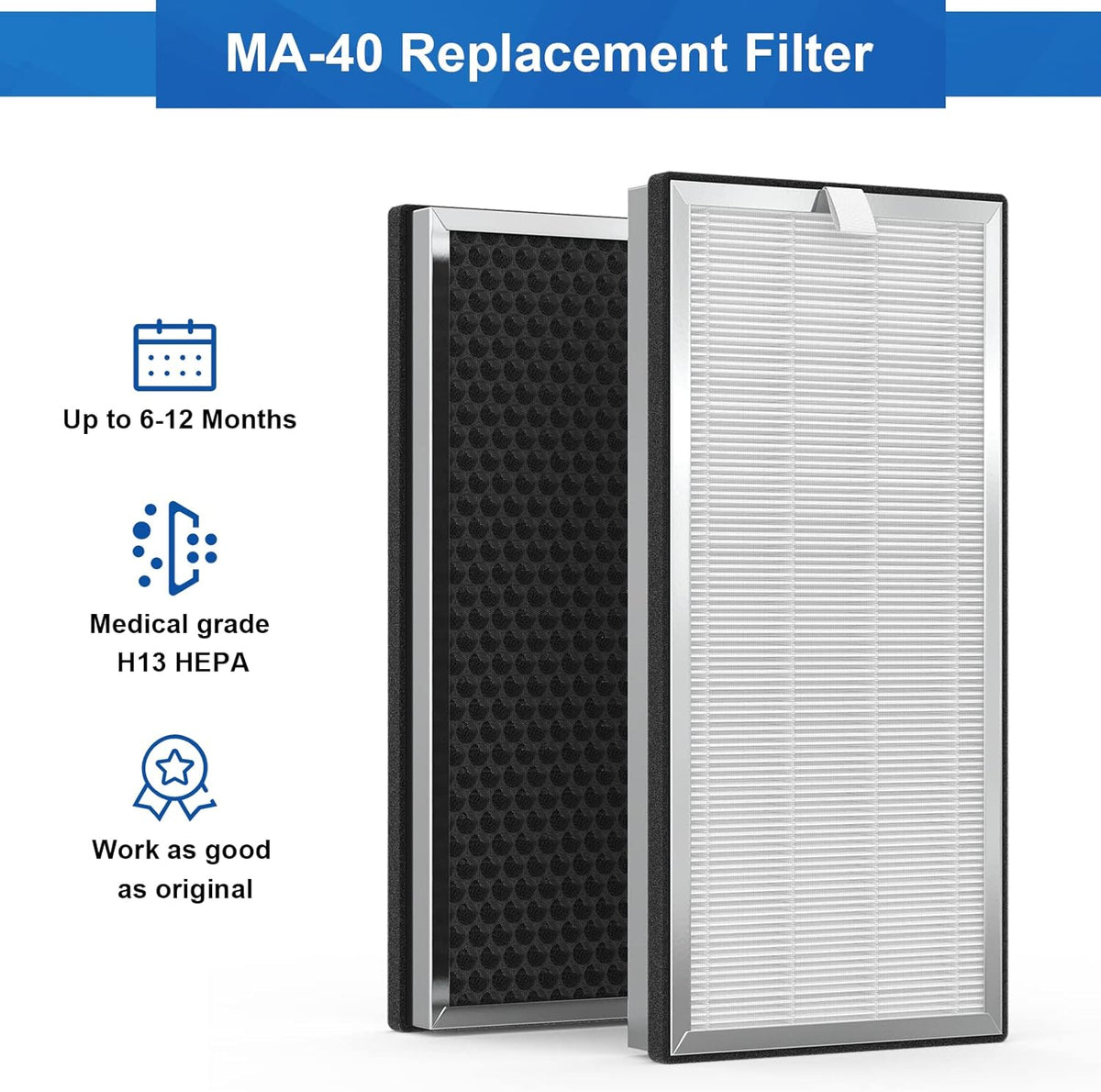 2 Pack MA-40 Replacement Filters, 3-in-1 H13 HEPA Activated Carbon Filter D486205