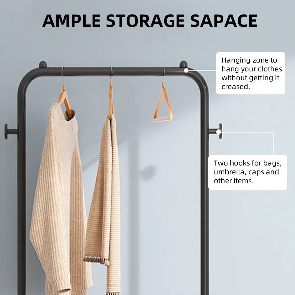 Black Movable Garment Rack with 2 Tiers Basket and 2 Side Hooks W453