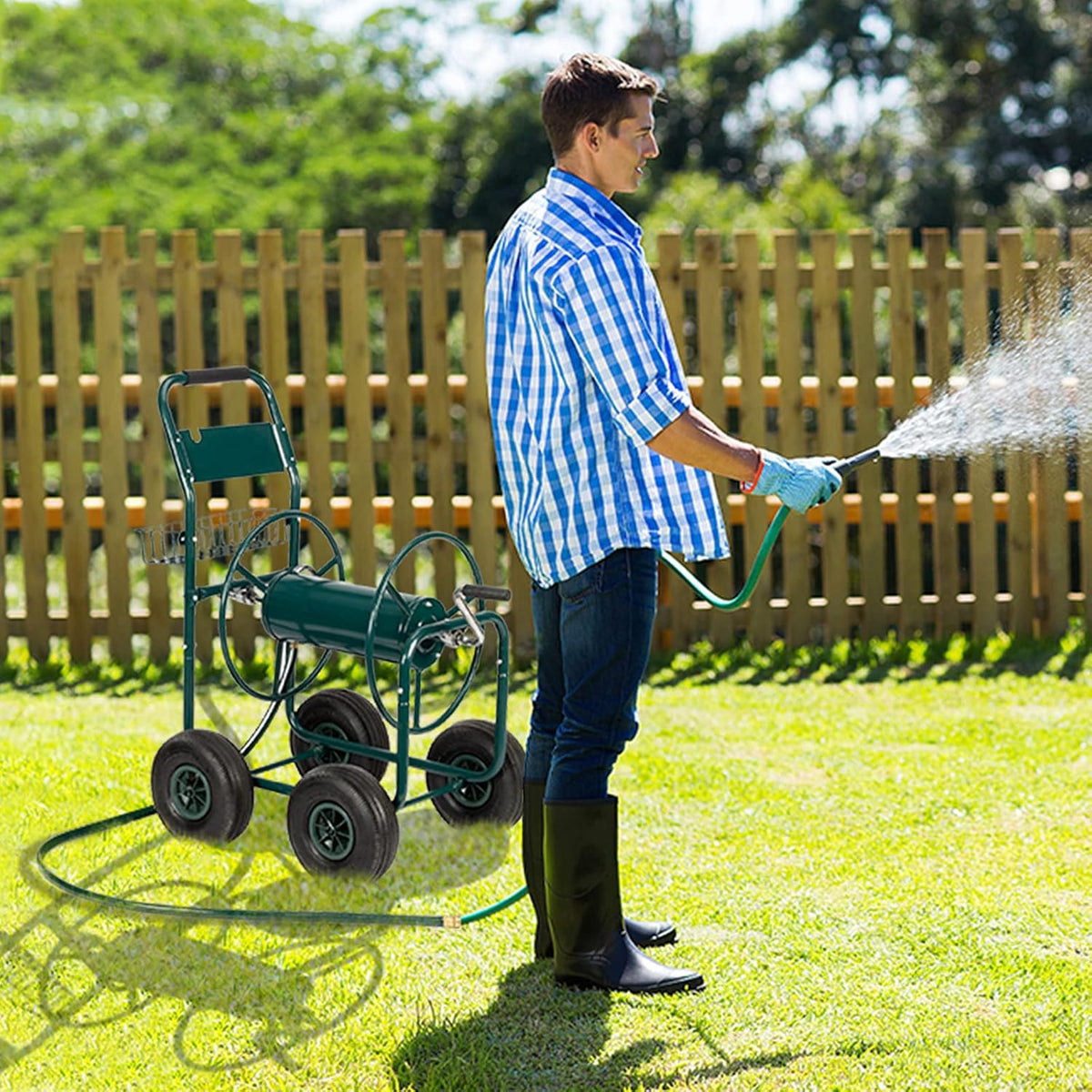 4-Wheel Garden Hose Reel Cart with Storage Basket W6546